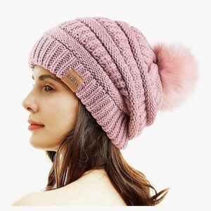 Soft pink mauve Knit Beanie with Pom Pom soft fleece lining NWT